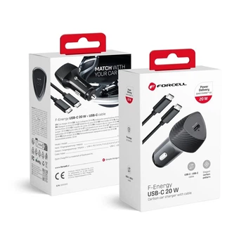 Автомобильное зарядное устройство Forcell F-Energy Carbon USB C QC3.0 PD 3A 20W + кабель USB C to USB C Black (5903396209543)