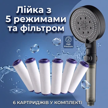 Чорна лійка для душу з 5 режимами, функцією Start-Stop та комплектом із 6 фільтрів (1 мкм)