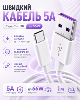 Кабель швидкої зарядки USB Type C 5A до 66W шнур зарядний тайп сі юсб для телефону смартфона планшета Samsung Xiaomi Huawei Realme Google Android провід для заряджання синхронізації передачі даних білий міцний 1 м