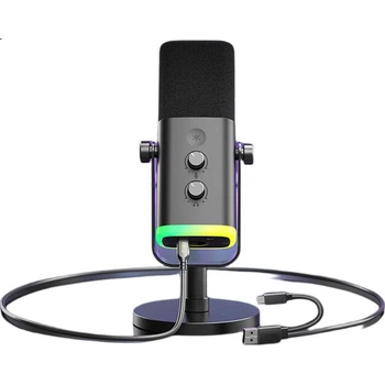 Динамический шумоподавляющий USB-микрофон FIFINE для компьютера, подходит для прямых трансляций, игр, записи, караоке, видео, с поддержкой внешней звуковой карты, настольный RGB-микрофон, проводной микрофон AM8, розовый.