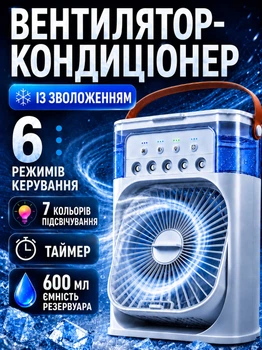 Міні кондиціонер із зволоженням 600 мл, USB Type-C, 10 Вт, таймер, 3 швидкості, RGB-підсвічування