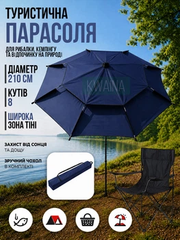 Туристический зонт диаметром 210 см восьмиугольный, вращение 360°, UV-защита, антиветер двойная вентиляция, чехол, синий