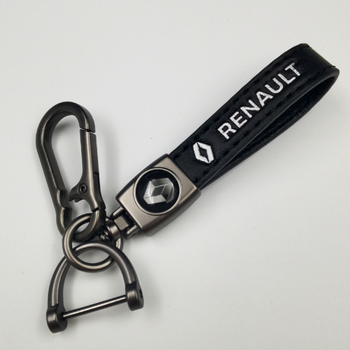 Брелок для ключей авто Renault с эмблемой и логотипом (Кожаный брелок Рено с карабином и D-образным креплением) Черный