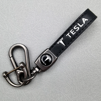 Брелок для ключей авто Tesla кожаный с карабином и логотипом (Черный)