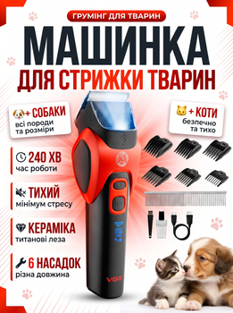 Машинка для стрижки собак та котів триммер машинки для грумінгу набір для стрижки домашніх тварин тварин VGR V-208 Червона/Red