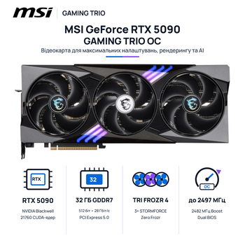 Відеокарта MSI NVIDIA GeForce RTX 5090 GAMING TRIO OC 32GB GDDR7 28000 MHz 2482 MHz Grey