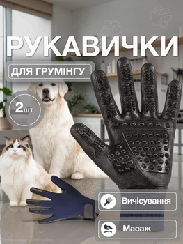 Рукавички для вичісування шерсті 2 шт комплект рукавичка для збору та очищення шерсті гумова з шипами на липучці для кішок кота та собак від шерсті рукавиця чесалка гребінець масажна для грумінгу миття Univerza Сині 72_3_0_1B