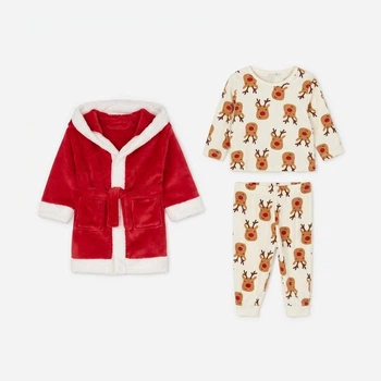 Дитяча тепла новорічна піжама (кофта + штани + халат) для хлопчика Primark 98 см Кремова/Червона (25101048B)