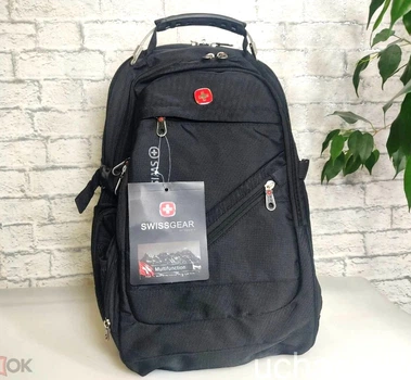 Рюкзак городской SwissGear 33 л для ноутбука с отделением для планшета и USB разъемом водоотталкивающий мужской с дождевиком ортопедической спинкой Airflow и усиленной ручкой со стальным тросом черный