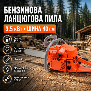 Бензопила цепная 3.5 кВт 4.7 л.с. шина 40 см двигатель 40.8 см³ шаг цепи 0.325 автоматическая смазка