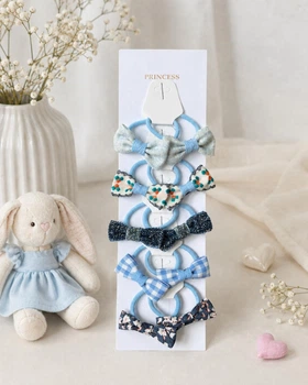 Детские резинки для волос бантики с разным принтом голубые 10 шт