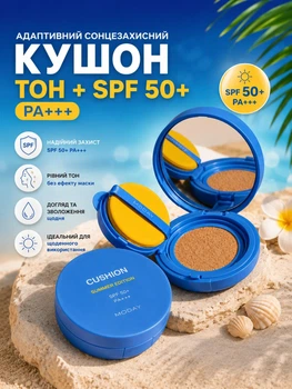 Адаптивный солнцезащитный кушон MODAY Cushion Summer Edition SPF 50+ тональный кушон для лица увлажняющий со спонжем ровный природный тон компактный формат для ежедневного использования 15 г