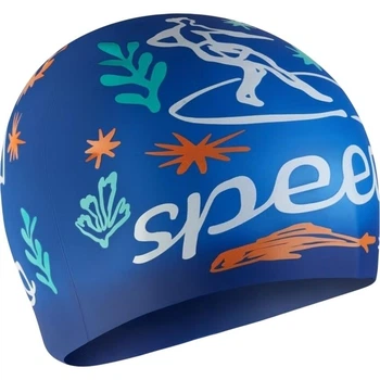Шапочка для плавания детская Speedo SLOGAN PRT CAP JU/JF/JM сине-оранжево-бирюзово-белая 8-0838616700