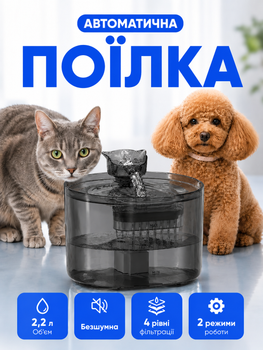 Автоматична поїлка-фонтан для котів і собак 2.2 л — питний фонтанчик-напувалка з фільтром, 2 режими подачі, циркуляція та аерація, USB,