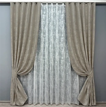 Комплект штор з тюлем VR-Textil Жакард Мармур, капучино з білим, 2 штори 200×270 см + тюль 500×270 см, арт. 71-004/6