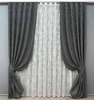 Комплект штор з тюлем VR-Textil Жакард Мармур, графітовий з білим, 2 штори 100×270 см + тюль 300×270 см, арт. 71-003/1