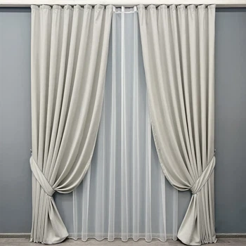 Комплект штор с тюлем VR-Textil Микровелюр Petek, тауп с белым, 2 шторы 100×270 см + тюль 400×270 см, арт. 71-156/2