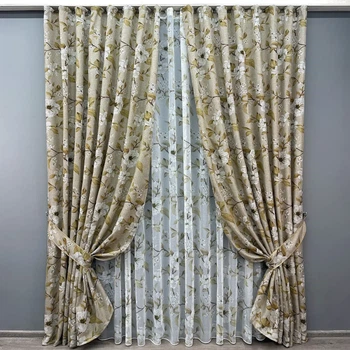 Комплект штор с тюлем VR-Textil Лен Прованс, капучино с белым, 2 шторы 100×265 см + тюль 300×265 см, арт. 71-107/1