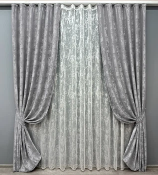 Комплект штор з тюлем VR-Textil Жакард Мармур, сірий з білим, 2 штори 100×270 см + тюль 300×270 см, арт. 71-001/1