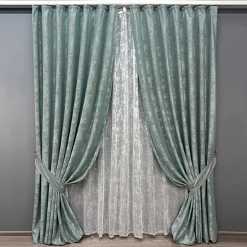 Комплект штор с тюлем VR-Textil Жаккард Мрамор, бирюзово-серый с белым, 2 шторы 100×270 см + тюль 300×270 см, арт. 71-118/1