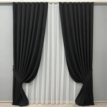 Комплект штор з тюлем VR-Textil Мікровелюр Petek, чорний з білим, 2 штори 100×270 см + тюль 300×270 см, арт. 71-154/1