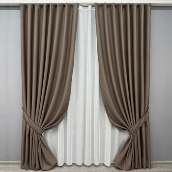 Комплект штор з тюлем VR-Textil Рогожка преміум TERRA LUXE, какао з білим, 2 штори 150×270 см + тюль 400×270 см, арт. 71-078/3