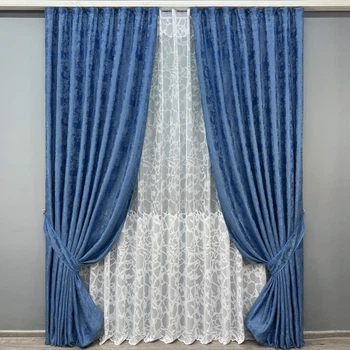Комплект штор с тюлем VR-Textil Жаккард Мрамор, синий с белым, 2 шторы 100×270 см + тюль 300×270 см, арт. 71-182/1