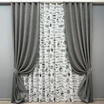 Комплект штор з тюлем VR-Textil Льон Мішковина, сірий з білим, 2 штори 100×270 см + тюль 300×270 см, арт. 71-061/1