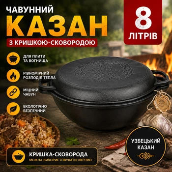 Казан чугунный 8 л с крышкой-сковородой, узбекский казан для плиты и костра