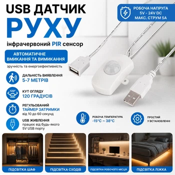 Інфрачервоний датчик руху USB 5A DC 5V-24V білий 1шт