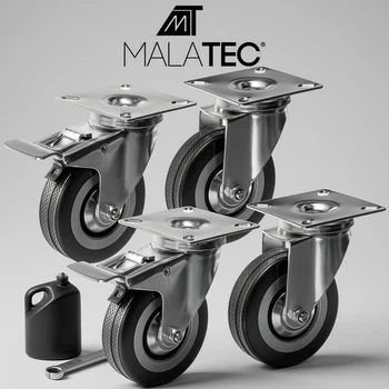Колеса для тележек Malatec набор 4 шт поворотные с тормозом 75 мм прорезиненные промышленные для мебели и верстаков нагрузка 220 кг