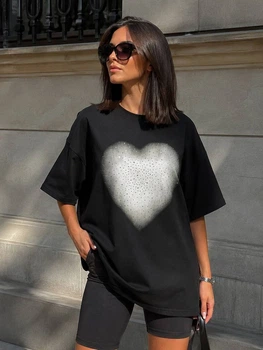 Футболка женская SHENG 6820 супер oversize широкая с большим сердцем из камней one size черная