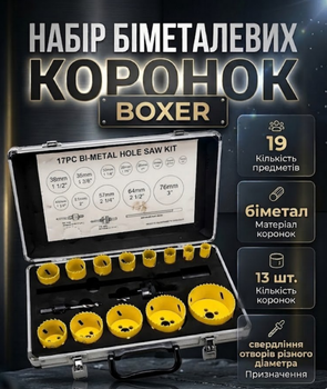 Набор биметаллических коронок BOXER BX496 19 предметов 19–76 мм по металлу дереву гипсокартона в кейсе