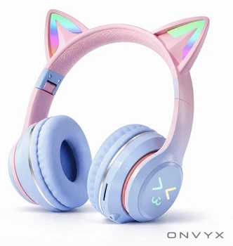 Беспроводные наушники Onvyx BT612I с кошачьими ушками, RGB-подсветкой, Bluetooth 5.3, FM-радио, MicroSD, AUX, складные Blue-Pink