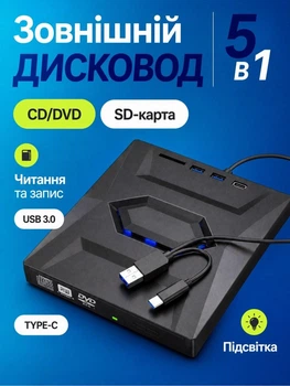 Привід CD/DVD зовнішній 5 в 1 DVD-RW з USB хабом 2×USB 3.0 Type-C та кардрідером SD/MicroSD для ноутбука ПК і MacBook портативний дисковод для читання та запису дисків Plug and Play з підсвіткою корпусу