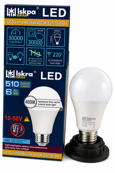LED лампа ISKRA A60 6 Вт 4000K E27 10–50V (груша), нейтральный белый свет, низковольтная для автономных систем ISK-A60-6W-4000K-E27-10-50V