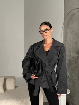 Жіночий тренч з поясом 077, графіт, one size