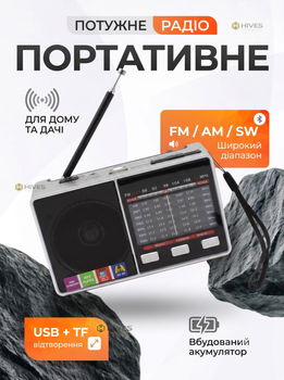 Аккумуляторный портативный радиоприемник FM AM SW с USB microSD и LED-фонарем, радио от батареек и сети для дома и дачи серый