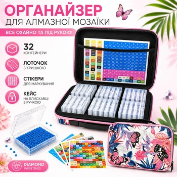 Органайзер для алмазной мозаики ColorArt 32 контейнеры, кейс для хранения страз на молнии с ручкой, лоток с крышкой, стикеры для маркировки, набор Diamond Painting KN11