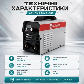 Зварювальний апарат 220В Arkona MMA-300 інвертор MMA 300 А 2.8 кВт для електродів 1.6-4 мм із цифровим дисплеєм та системою захисту від перегріву