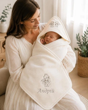 Крижма для хрещення Андрій 110х110 см молочна з капюшоном, мікрофібра та срібляста іменна вишивка