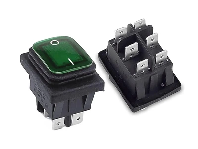 Перемикач клавішний герметичний №142 ON-OFF 6 pin (срібло) прямокутний з LED-підсвіткою зелений