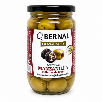 Оливки Bernal Manzanilla зеленые фаршированные пастой из трюфеля 300 г 8428391008825