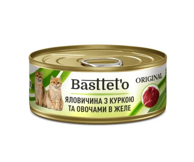 Корм вологий для котів яловичина з куркою та овочами в желе Bastteto, ж/б, 85 г