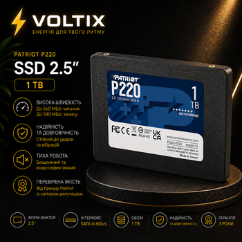 Внутренний накопитель SSD Patriot P220 1TB 2.5" 7mm SATAIII