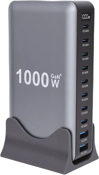 Сетевая зарядная станция ILEPO 1000W на 2 USB+8 Type-C мультизарядное устройство мощный блок питания Black (19340)