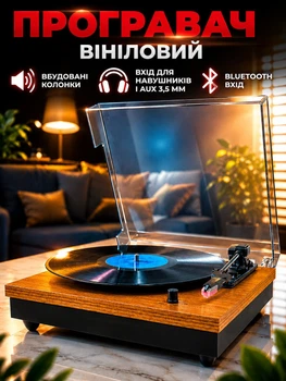 Вініловий програвач вінілових платівок дисків з 2 стереодинаміками колонками вінтажна аудіосистема грамофон пластинок бездротовий 3-х швидкісний 33/45/78 об/хв дерево