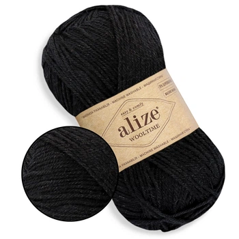 Alize Wooltime, Черный №60- теплая пряжа для носков и зимних изделий, Ализэ Вултайм 100 г / 200 м, 75% шерсть / 25% полиамид