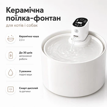 Поїлка-фонтан для котів і собак Jzla Pro 2,3 л кераміка з датчиком руху і акумулятором (Білий)