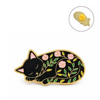 Значок-пин BROCHE брошь Животные Спящий Котик в цветах чёрный BRGV115596